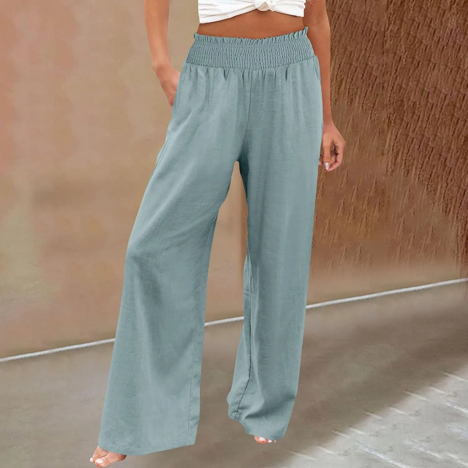 Womens Palazzo Linen Pants Wide Leg Casual Lightweight High Waist Trousers Summer Hawaii Beach Pants Vacation Outfits
