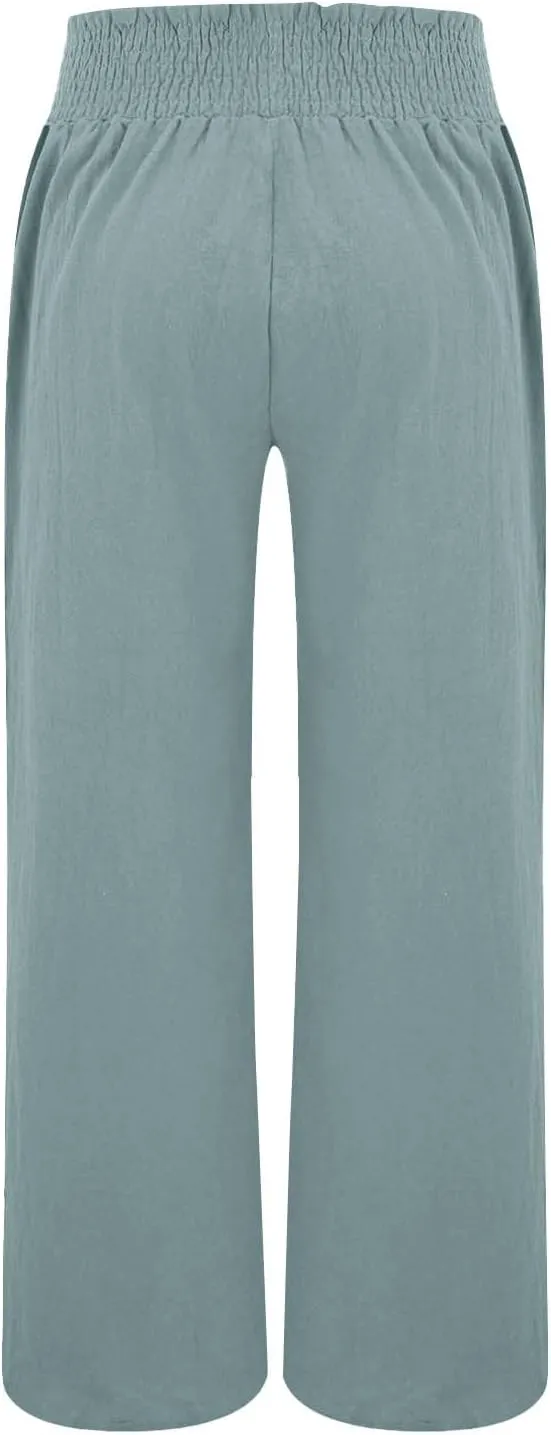 Womens Palazzo Linen Pants Wide Leg Casual Lightweight High Waist Trousers Summer Hawaii Beach Pants Vacation Outfits