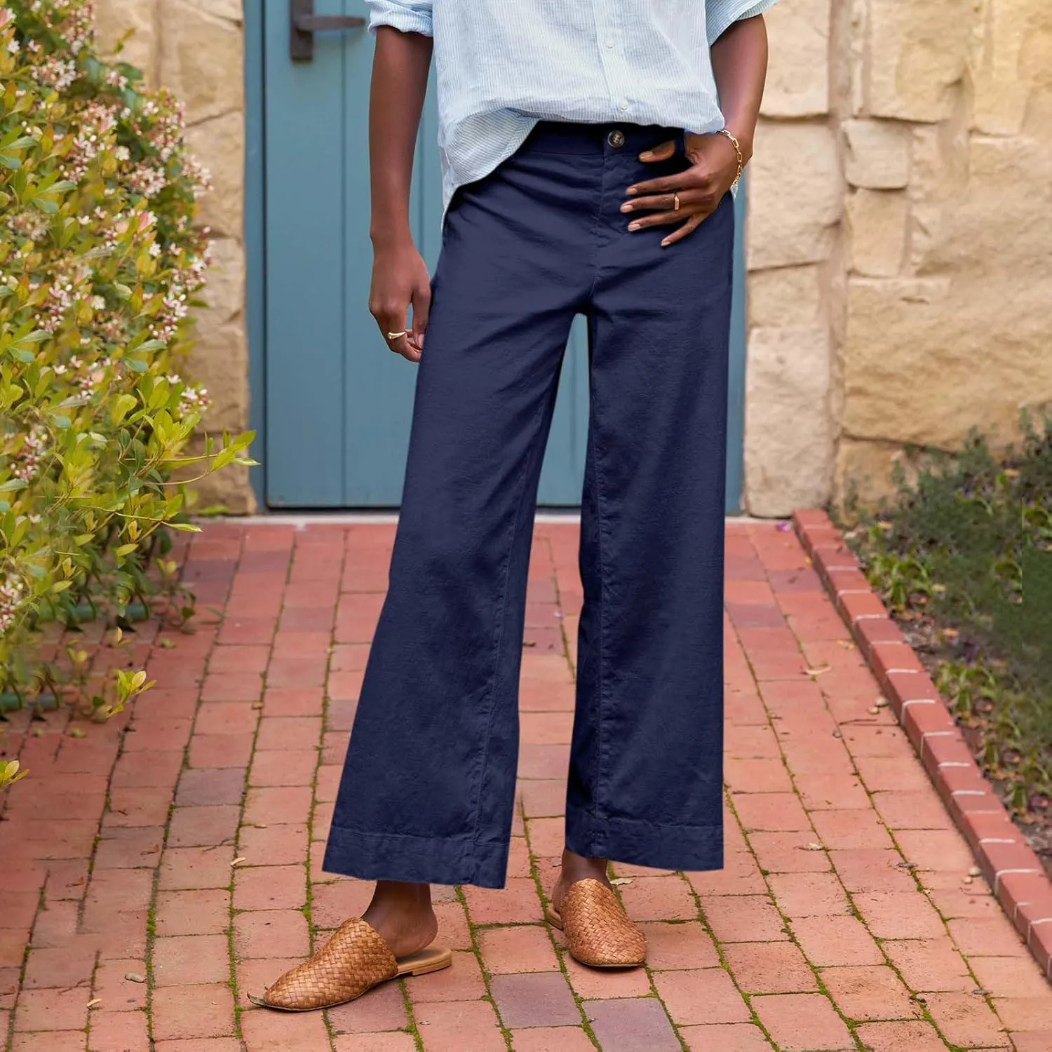Womens Pants, Peasant Pants Casual Linen Plaid Straight Leg Side Button Drawstring