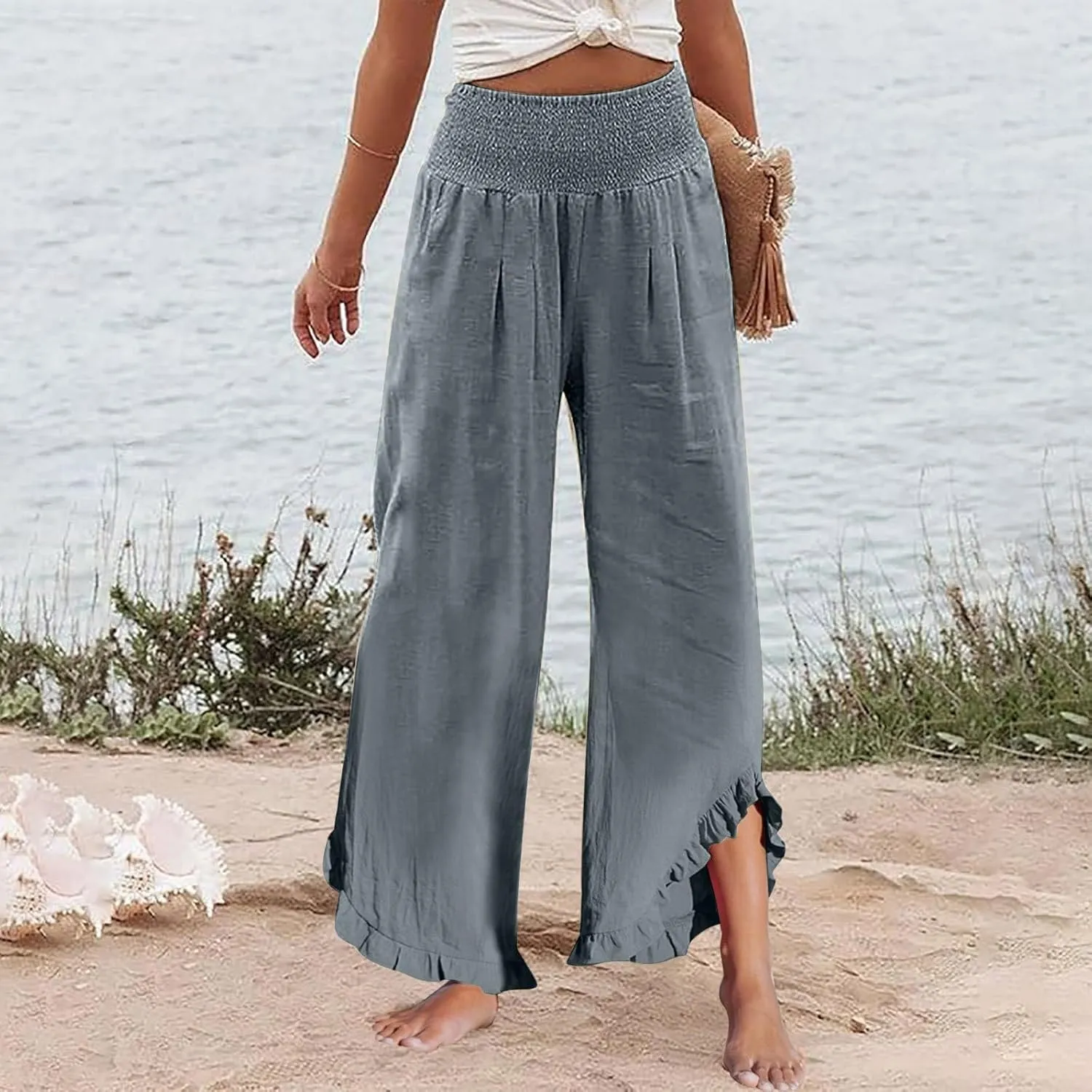 Women's Pants, Straight Leg Linen Pants Summer Wide High Waisted Lightweight Summmer