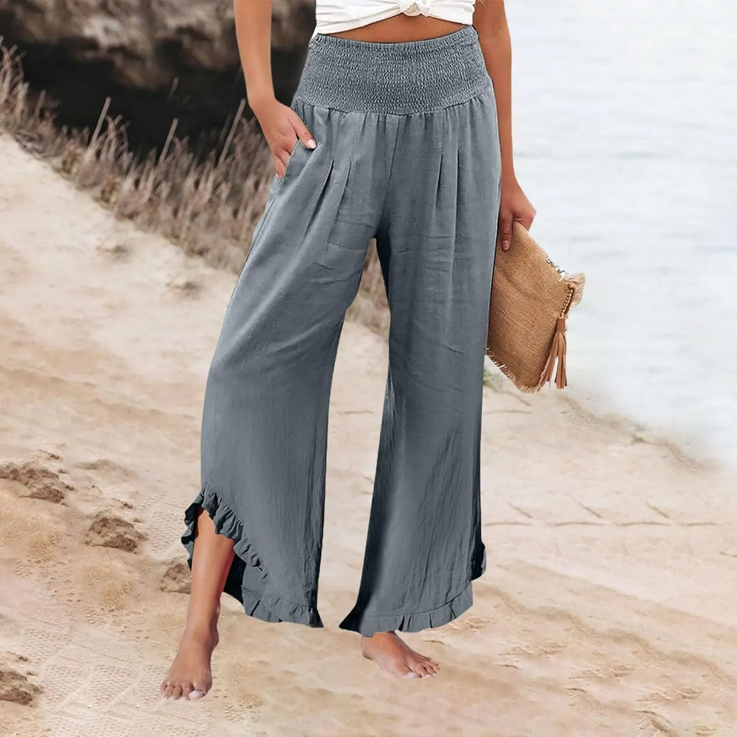 Women's Pants, Straight Leg Linen Pants Summer Wide High Waisted Lightweight Summmer