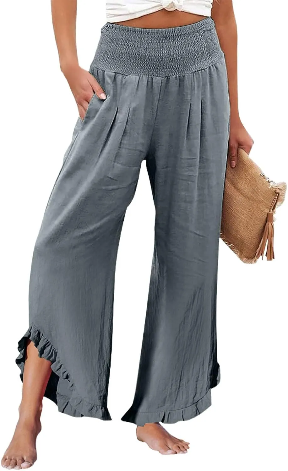 Women's Pants, Straight Leg Linen Pants Summer Wide High Waisted Lightweight Summmer