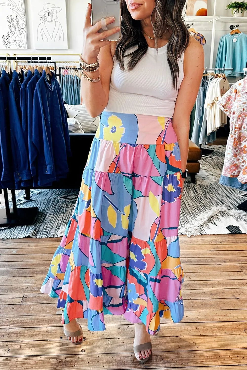 Women's Pink Printed Pocketed High Waist Maxi Skirt