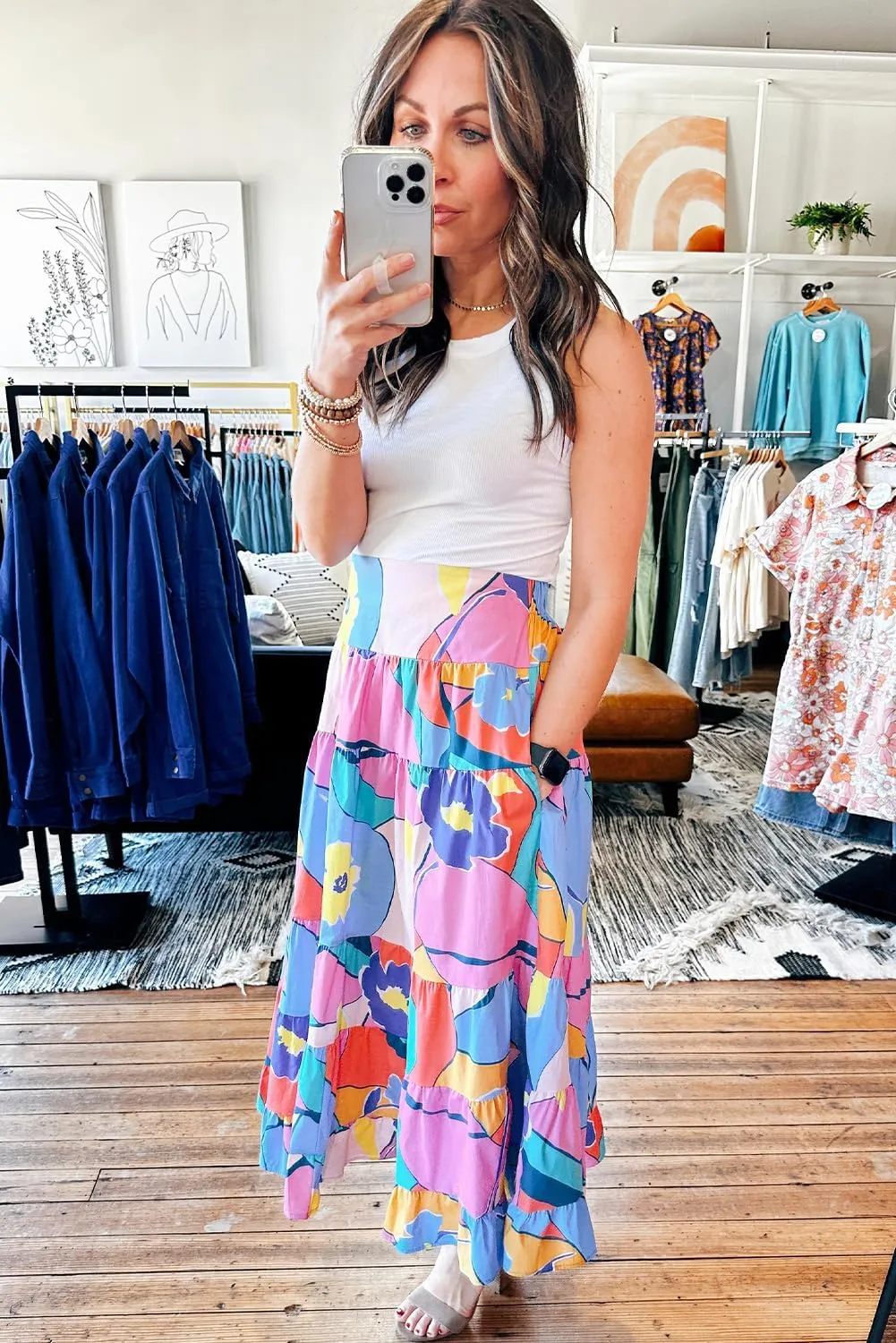 Women's Pink Printed Pocketed High Waist Maxi Skirt