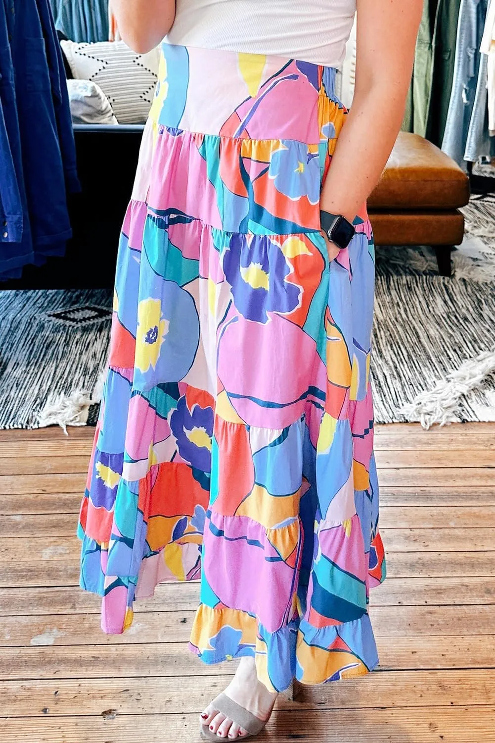 Women's Pink Printed Pocketed High Waist Maxi Skirt