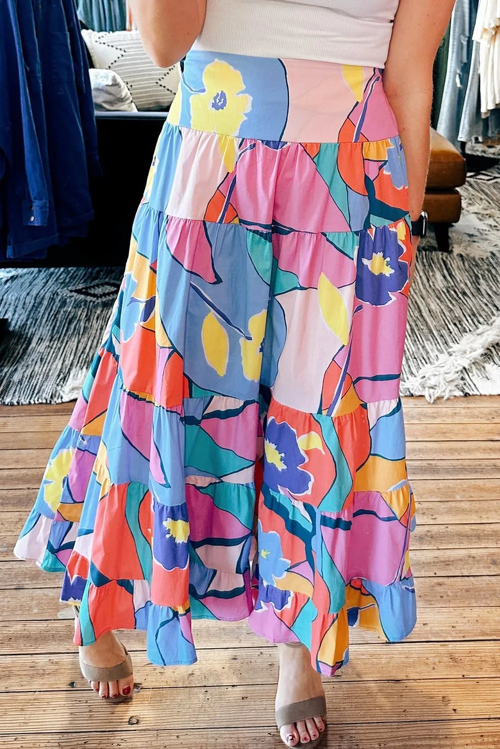Women's Pink Printed Pocketed High Waist Maxi Skirt