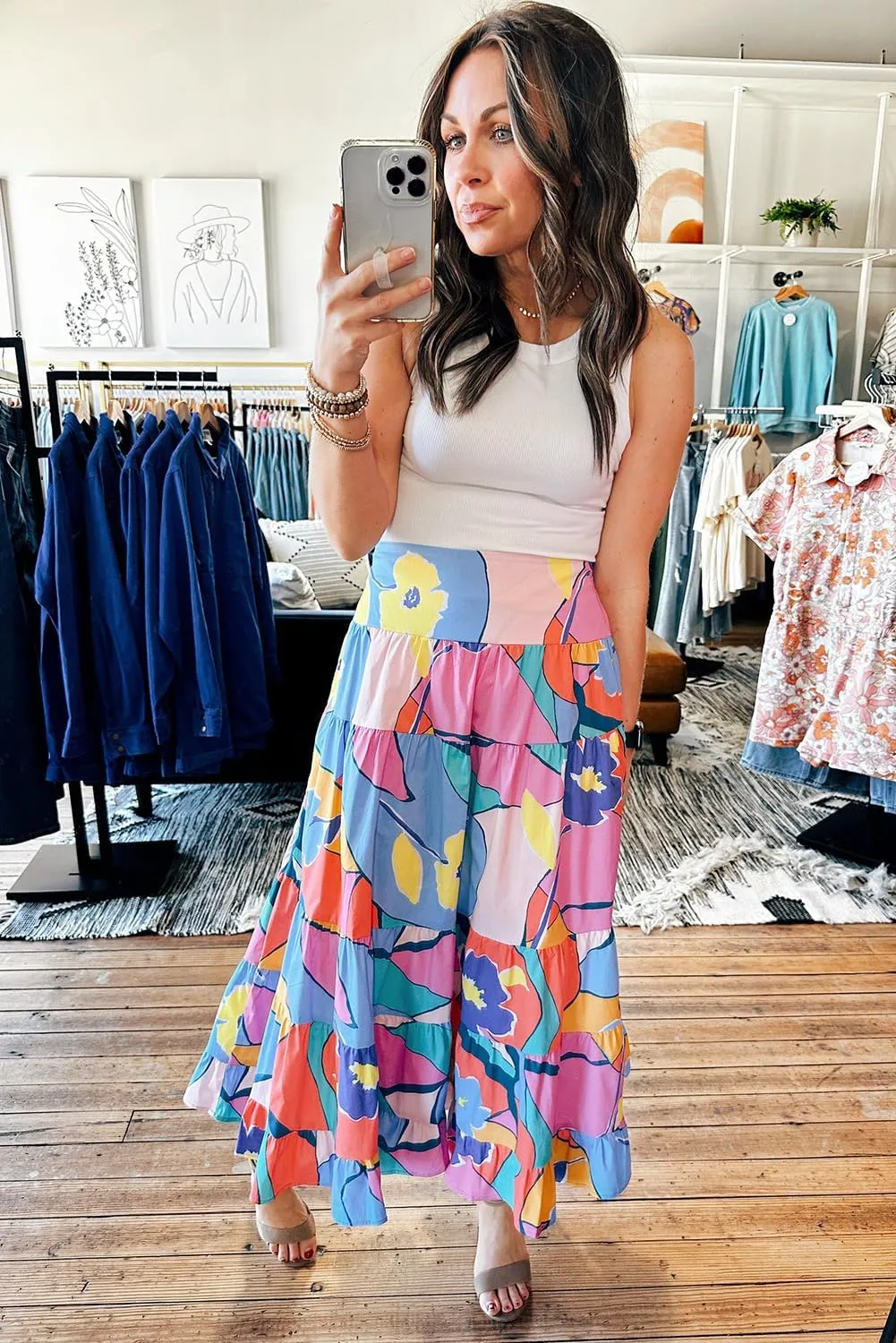 Women's Pink Printed Pocketed High Waist Maxi Skirt