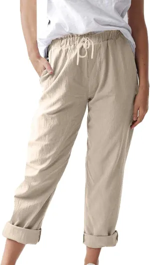 Womens Roll Up Straight Leg Linen Pants Casual Drawstring Elastic Waist Loose Slacks Lounge Petite Pants with Pockets
