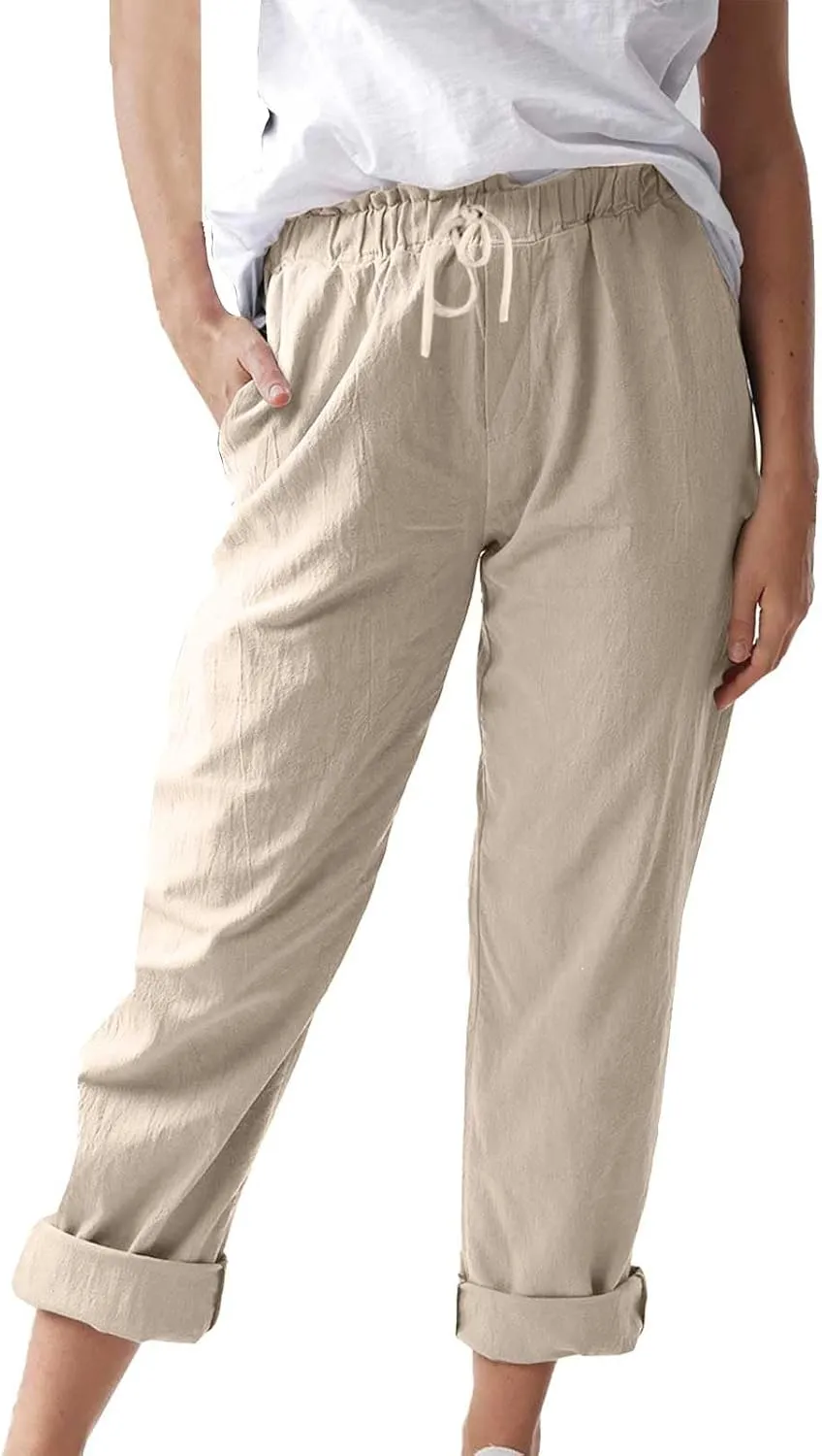 Womens Roll Up Straight Leg Linen Pants Casual Drawstring Elastic Waist Loose Slacks Lounge Petite Pants with Pockets