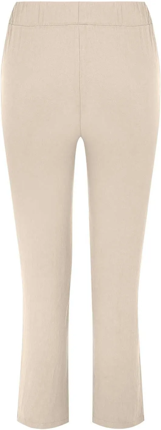 Womens Roll Up Straight Leg Linen Pants Casual Drawstring Elastic Waist Loose Slacks Lounge Petite Pants with Pockets