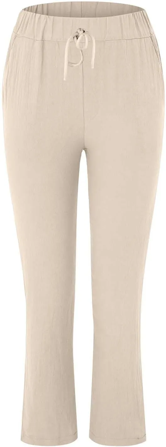 Womens Roll Up Straight Leg Linen Pants Casual Drawstring Elastic Waist Loose Slacks Lounge Petite Pants with Pockets