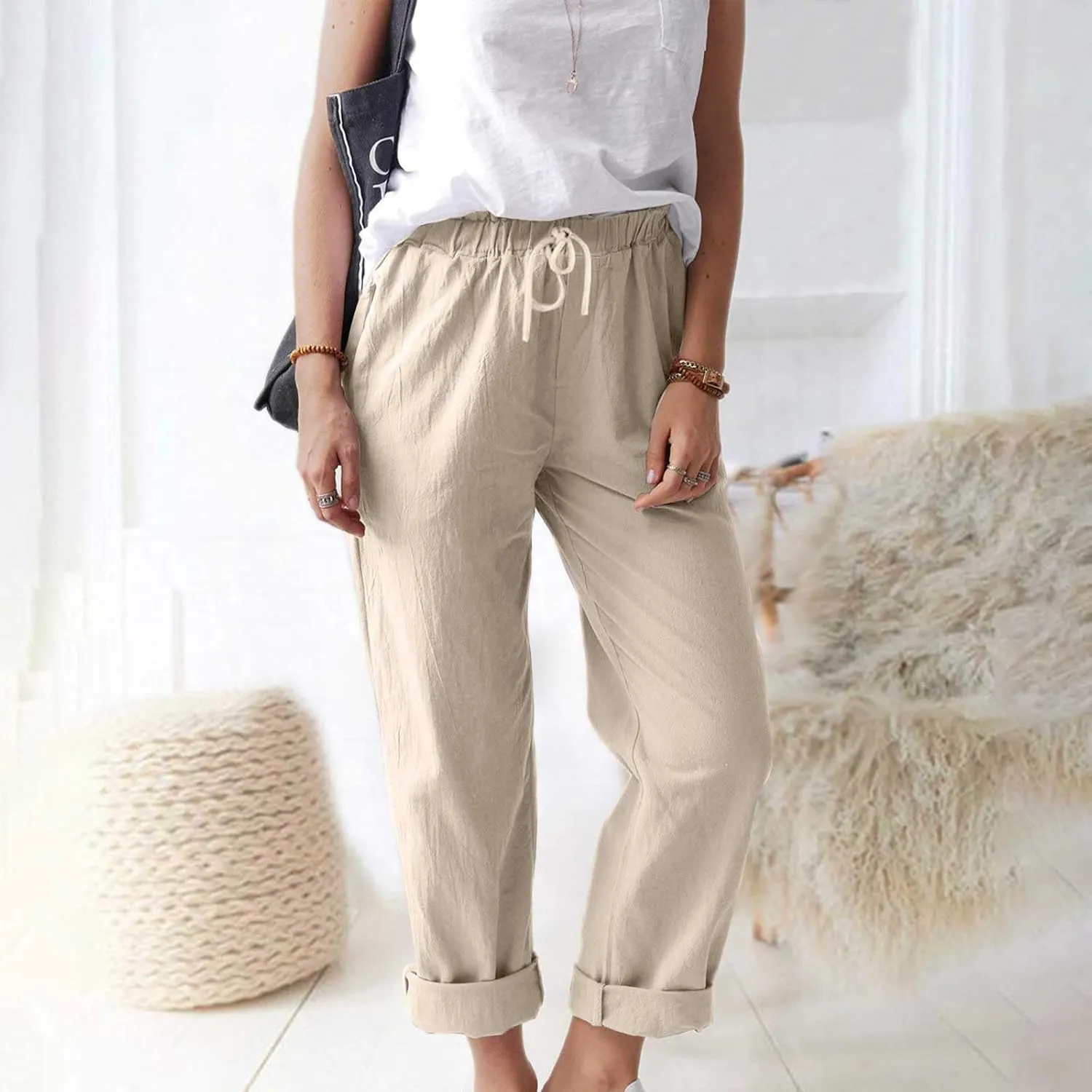 Womens Roll Up Straight Leg Linen Pants Casual Drawstring Elastic Waist Loose Slacks Lounge Petite Pants with Pockets