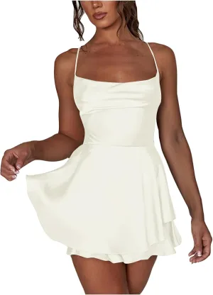 Women's Sexy Criss Cross Lace Up Backless Spaghetti Strap Mini Dress Sleeveless Bodycon Double Layer Ruffle Dresses