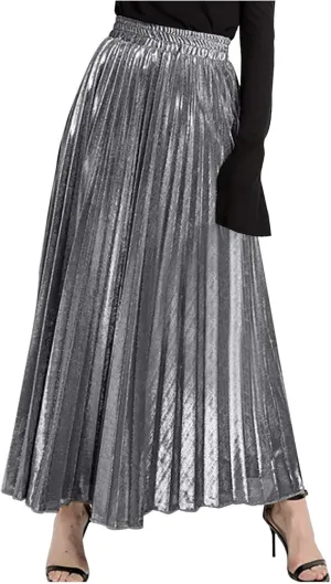 Women's Sexy Plus Size Adjustable Waist a Line Gold Skater Pleated High Waisted Elastic Party Vintage Maxi Skirts
