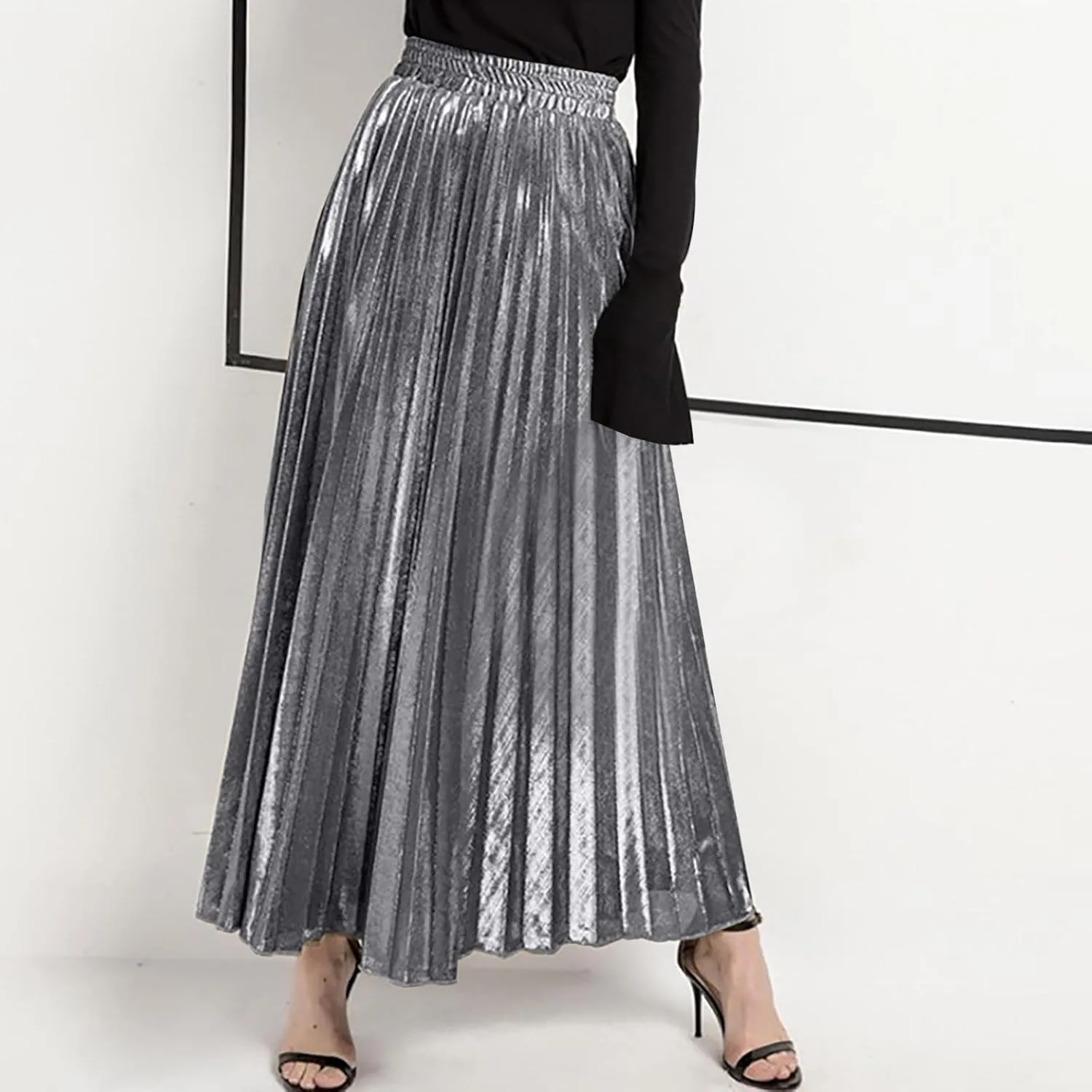 Women's Sexy Plus Size Adjustable Waist a Line Gold Skater Pleated High Waisted Elastic Party Vintage Maxi Skirts