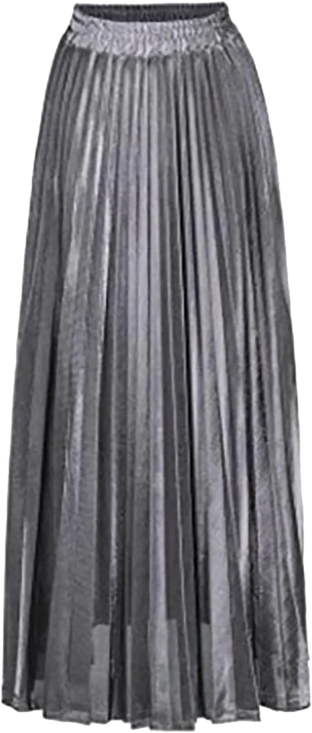 Women's Sexy Plus Size Adjustable Waist a Line Gold Skater Pleated High Waisted Elastic Party Vintage Maxi Skirts