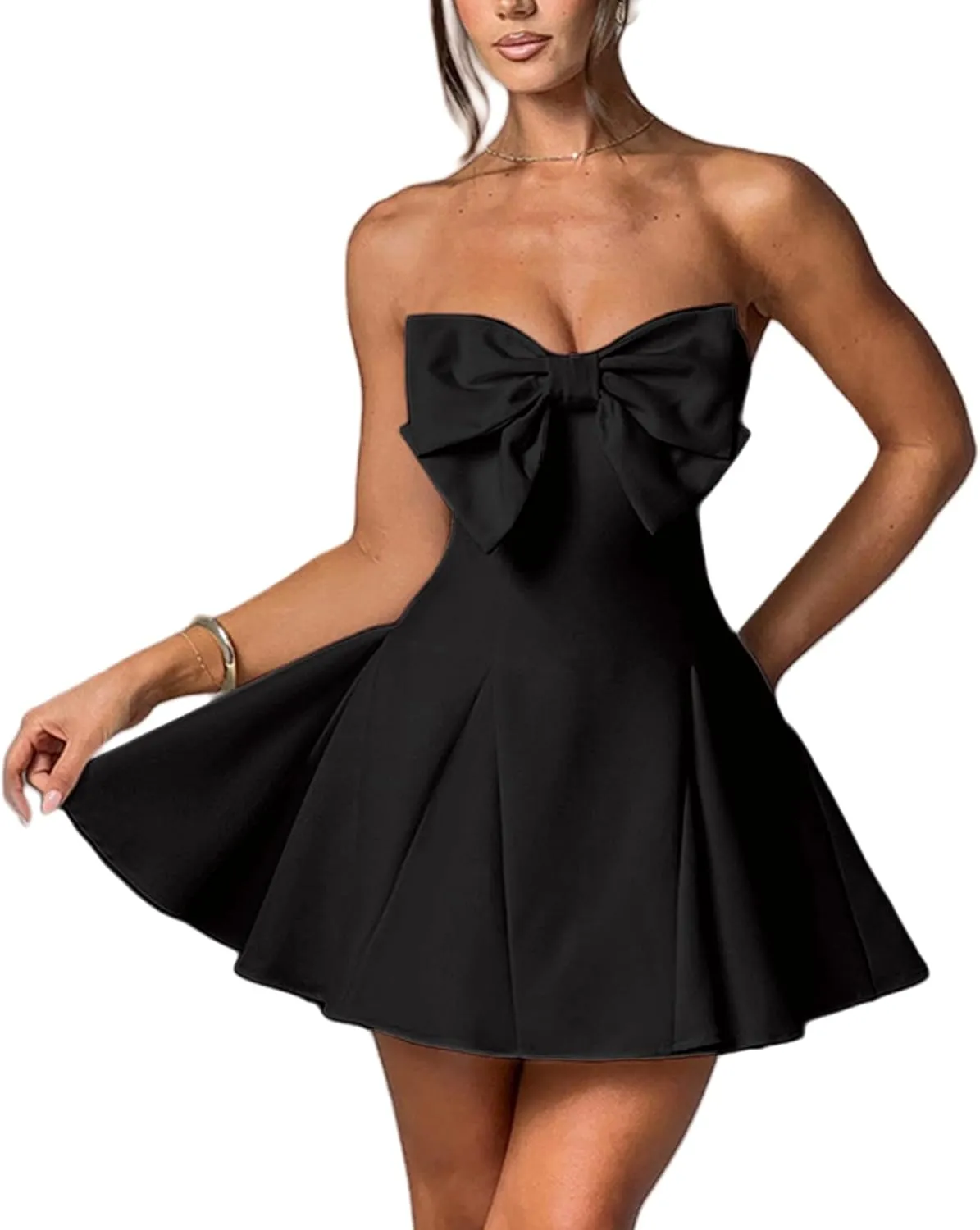 Women's Sexy Strapless Tube Dress with Bow Elegant Flare Formal Dresses Off Shoulder Dress Wedding Dresses for Women