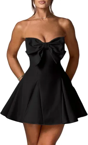 Women's Sexy Strapless Tube Dress with Bow Elegant Flare Formal Dresses Off Shoulder Dress Wedding Dresses for Women