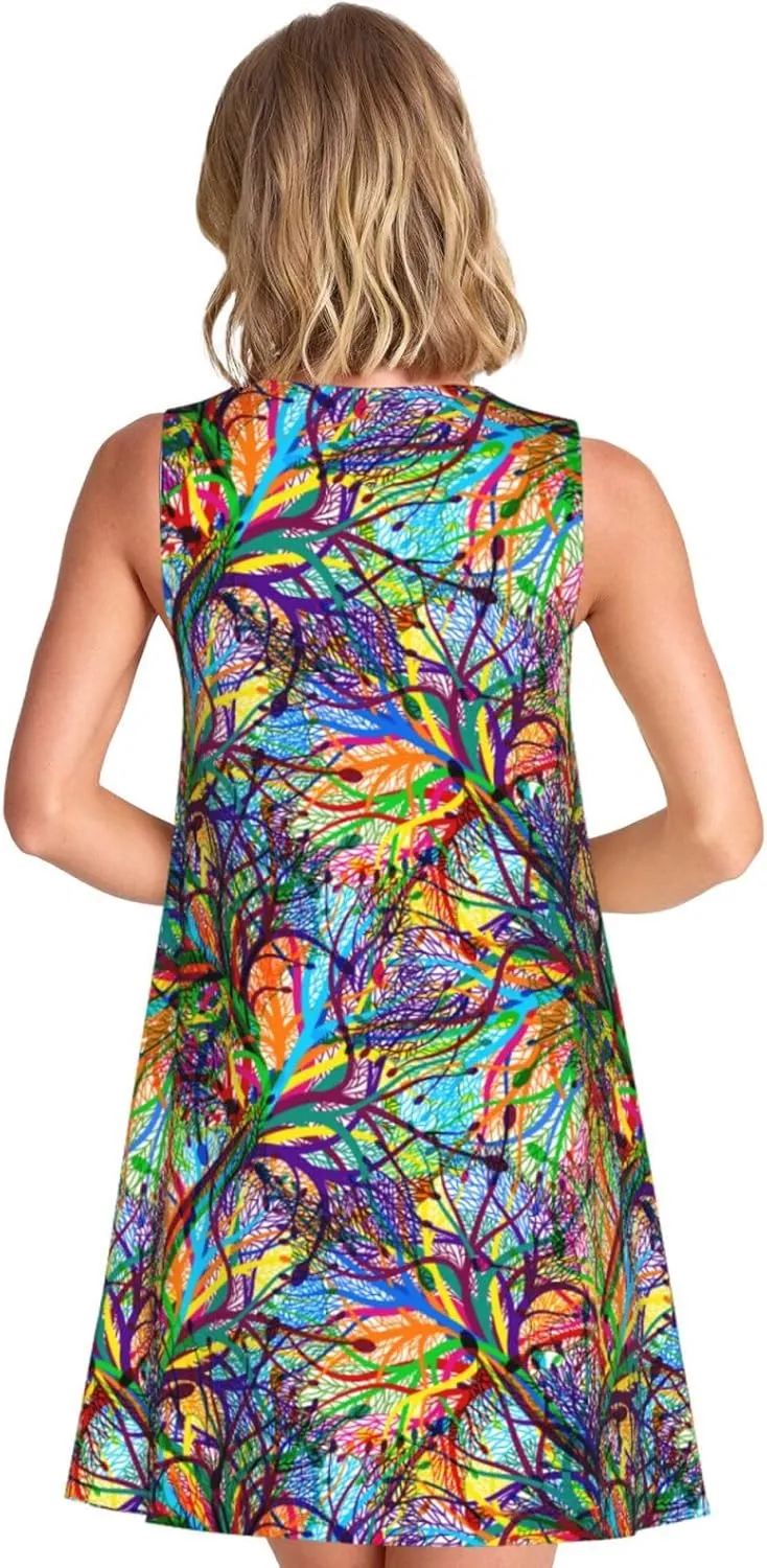 Womens Sleeveless Dress A-Line Flare Tank Dress Loose Sun Dresses Summer Flowy Swing Sundress Round Neck Outfit