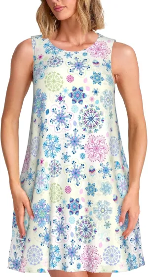 Womens Sleeveless Dress A-Line Flare Tank Dress Loose Sun Dresses Summer Flowy Swing Sundress Round Neck Outfit