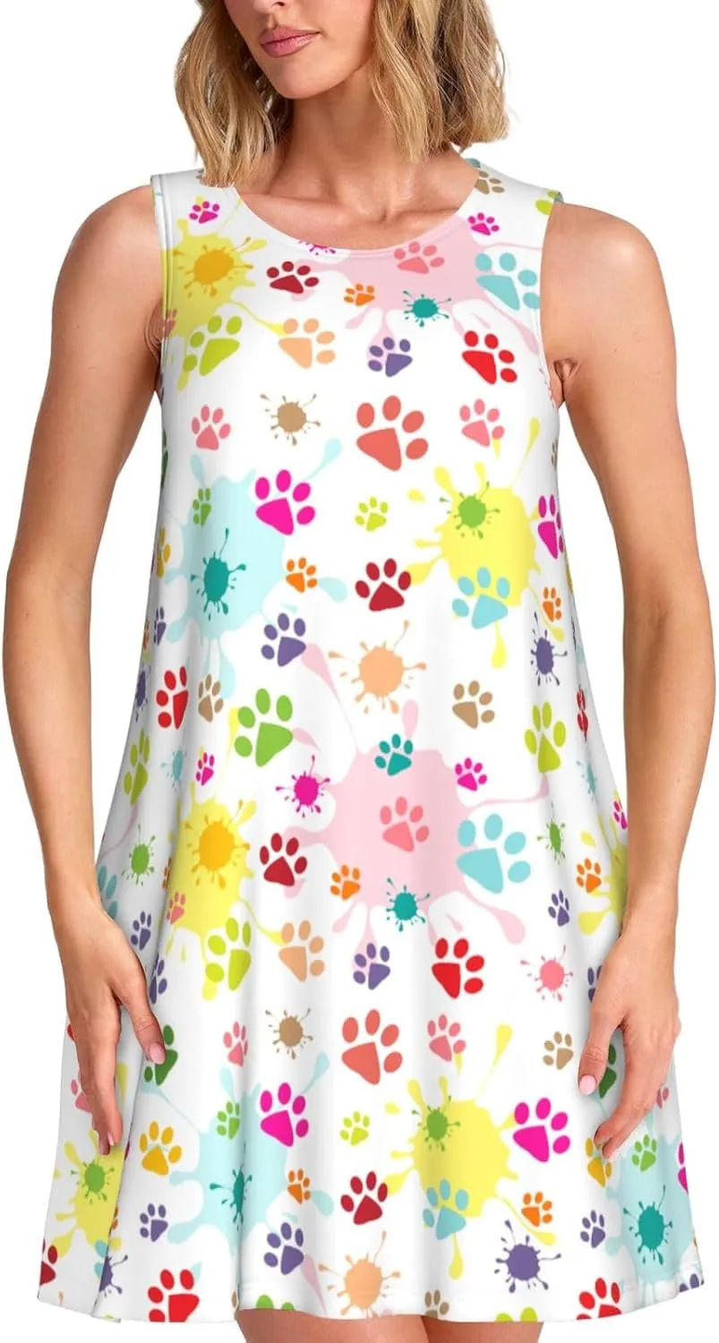 Womens Sleeveless Dress A-Line Flare Tank Dress Loose Sun Dresses Summer Flowy Swing Sundress Round Neck Outfit