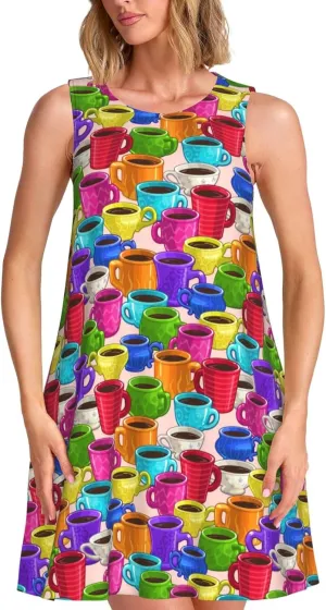 Womens Sleeveless Dress A-Line Flare Tank Dress Loose Sun Dresses Summer Flowy Swing Sundress Round Neck Outfit