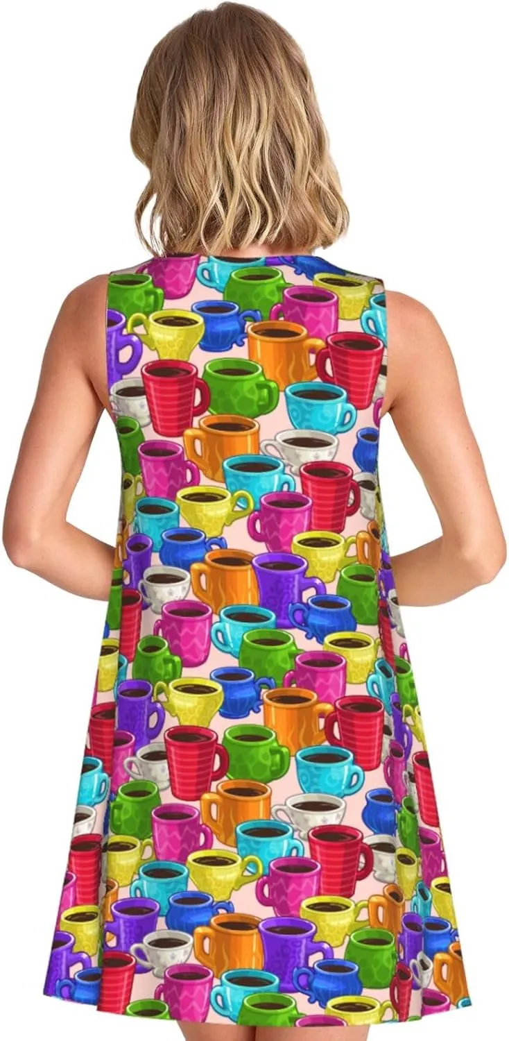 Womens Sleeveless Dress A-Line Flare Tank Dress Loose Sun Dresses Summer Flowy Swing Sundress Round Neck Outfit