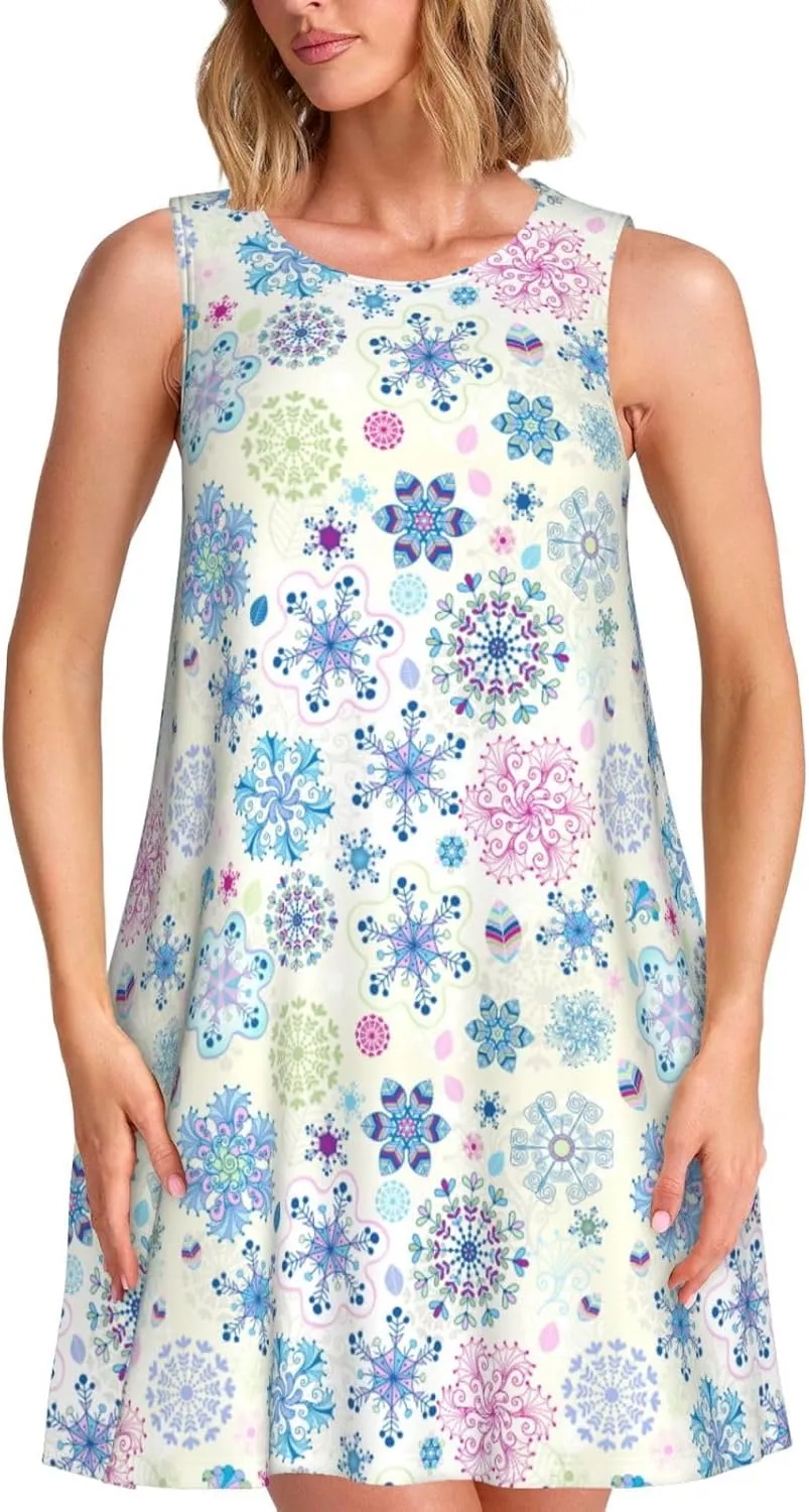 Womens Sleeveless Dress A-Line Flare Tank Dress Loose Sun Dresses Summer Flowy Swing Sundress Round Neck Outfit