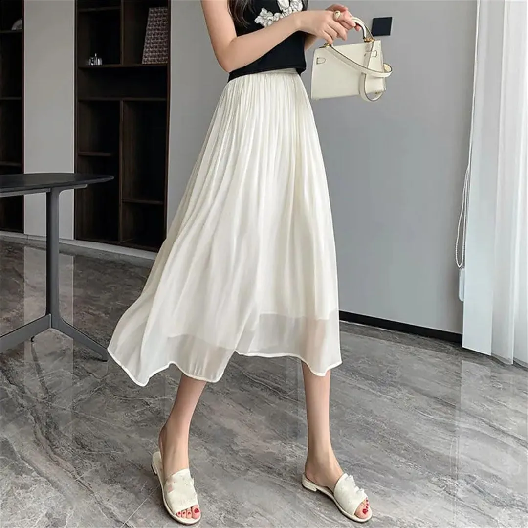 Women's Spring and Summer Solid Color High Waist Elastic Gauze Pleated A-Line Appear Thin Casual Skirt