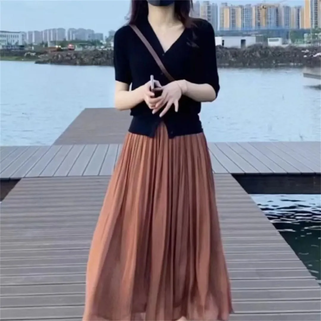 Women's Spring and Summer Solid Color High Waist Elastic Gauze Pleated A-Line Appear Thin Casual Skirt