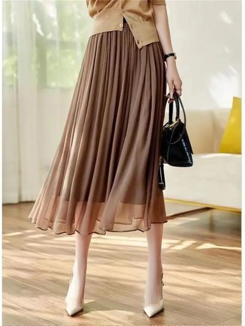 Women's Spring and Summer Solid Color High Waist Elastic Gauze Pleated A-Line Appear Thin Casual Skirt
