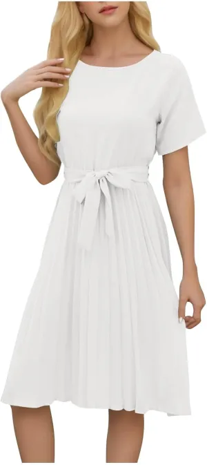 Women's Spring Summer Short Sleeve Midi Dress Casual Crewneck Belted Pleated A Line Flowy Party Dresses