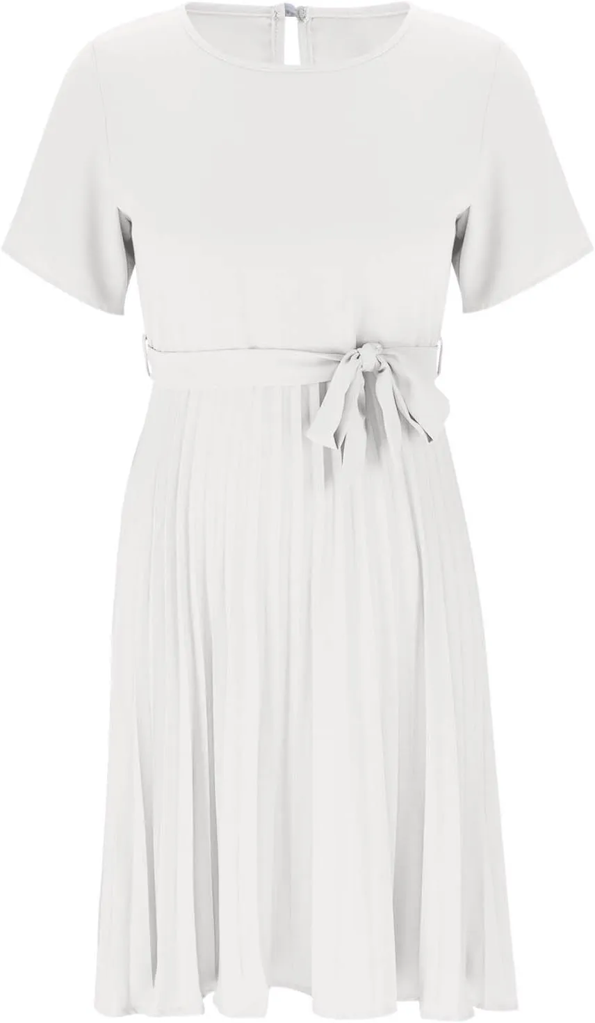 Women's Spring Summer Short Sleeve Midi Dress Casual Crewneck Belted Pleated A Line Flowy Party Dresses