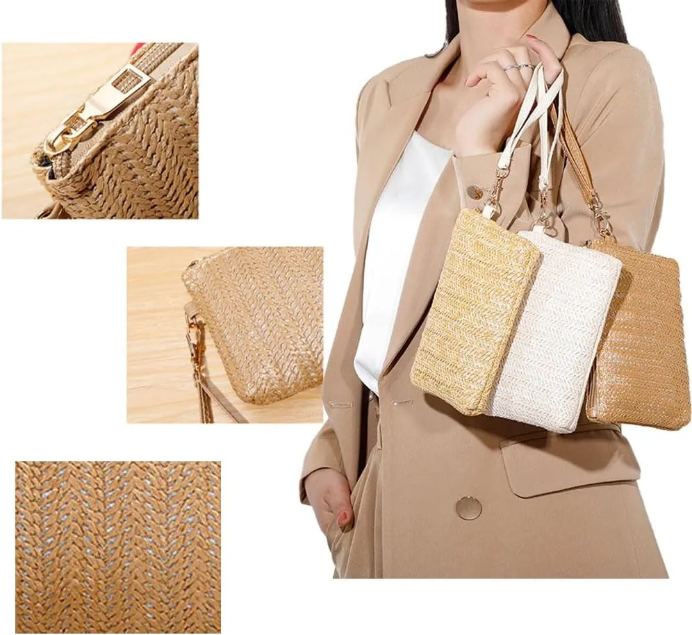 Womens Straw Clutch Bag Bohemian Summer Beach Straw Purse Zipper Wristlet Wallets Gift for Women