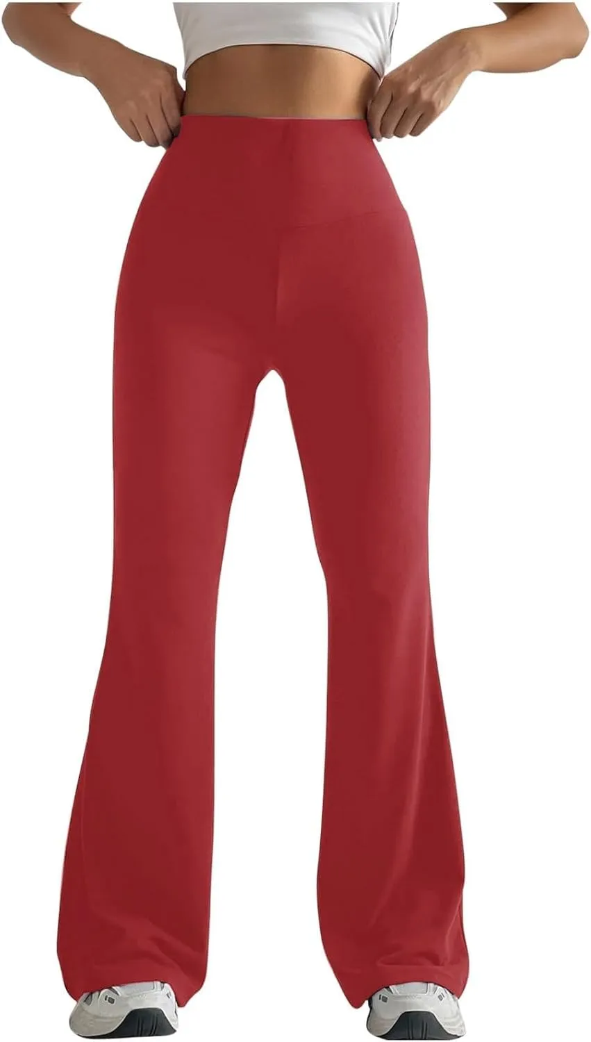 Womens Stretch High Waist Leggings Regular Fitted Solid Flared Pants Active Workout Yoga Pants Seamless
