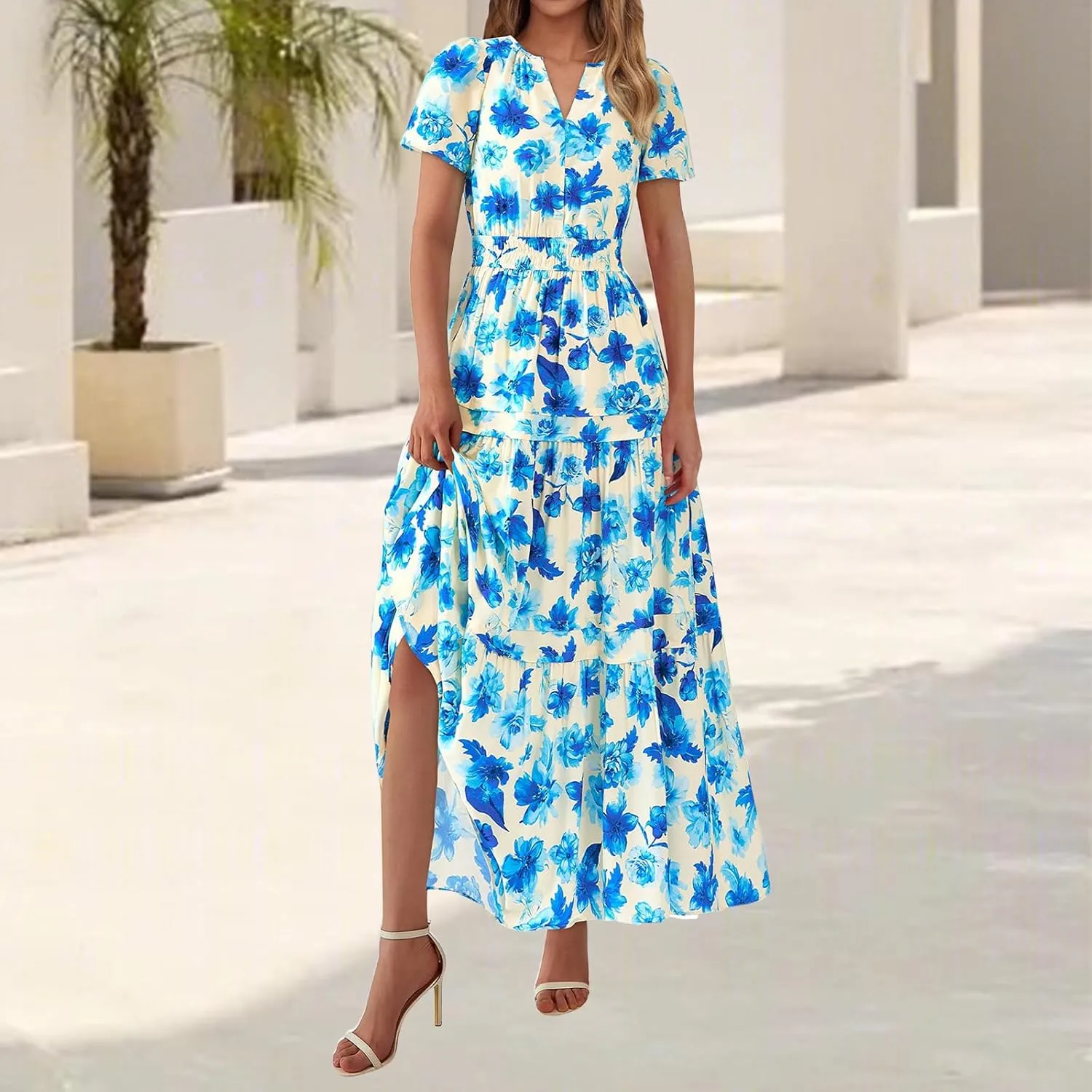 Womens Summer Boho Dress Casual V Neck Short Sleeve Maxi Dress A Line Tiered Ruffle Flowy Vacation Beach Dresses