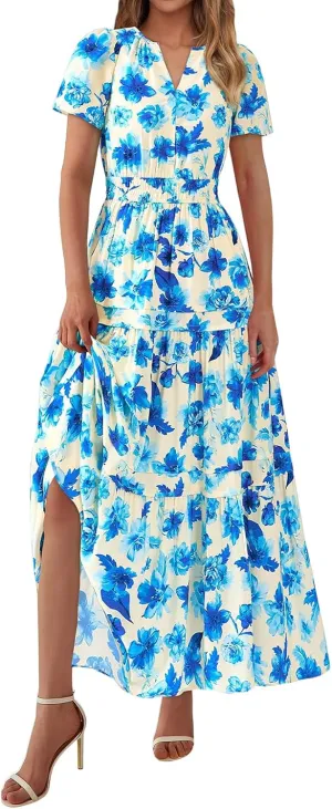 Womens Summer Boho Dress Casual V Neck Short Sleeve Maxi Dress A Line Tiered Ruffle Flowy Vacation Beach Dresses