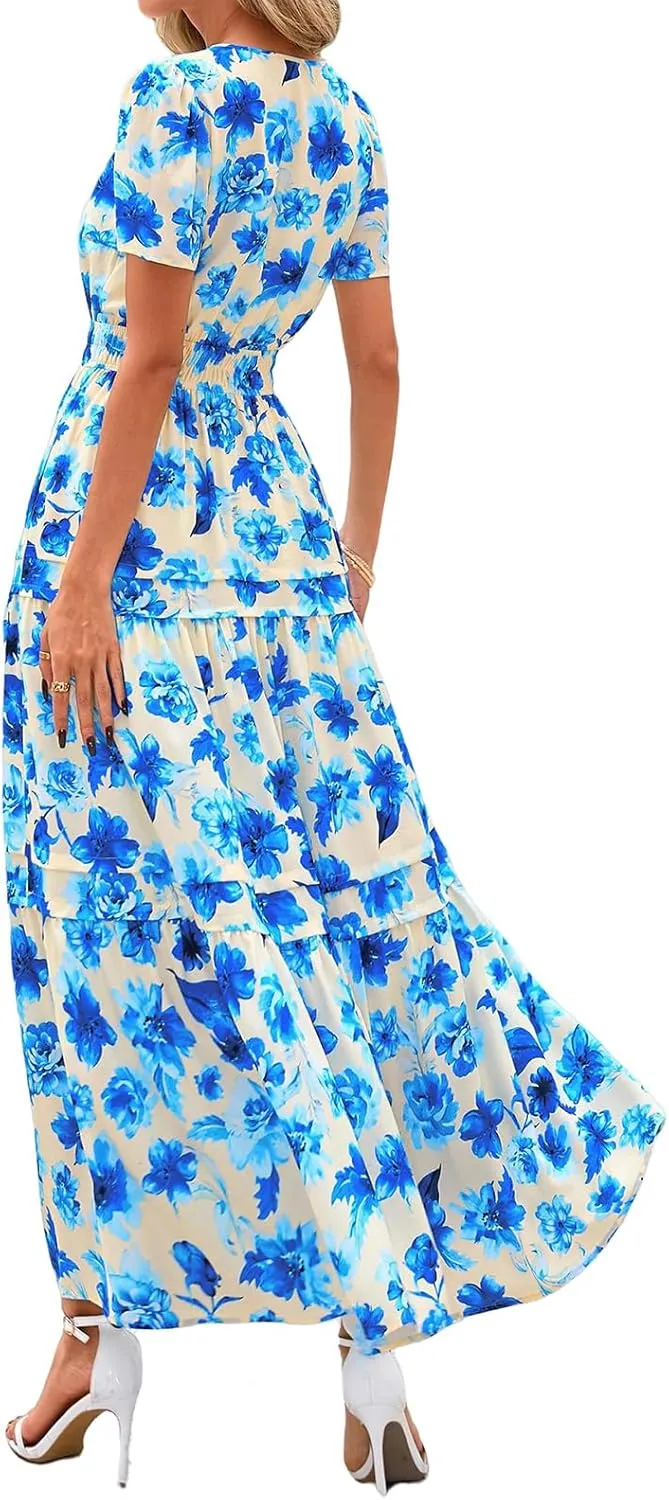 Womens Summer Boho Dress Casual V Neck Short Sleeve Maxi Dress A Line Tiered Ruffle Flowy Vacation Beach Dresses