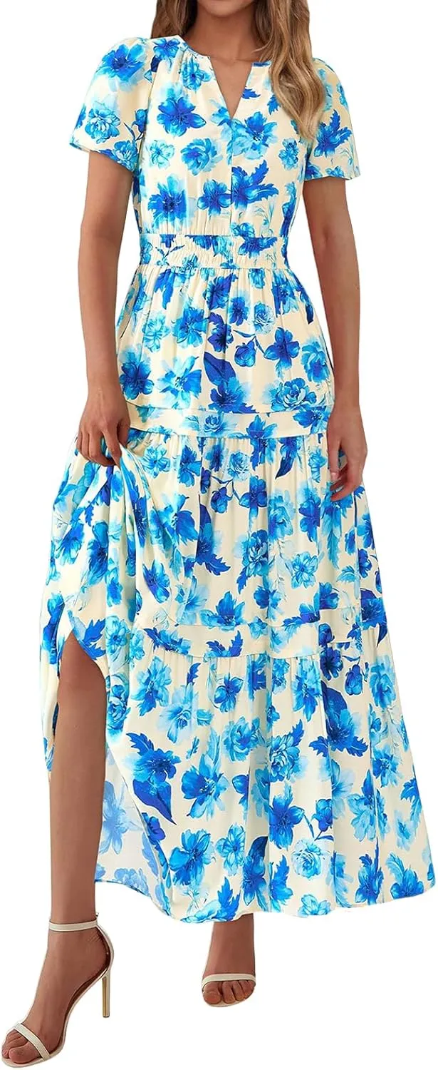 Womens Summer Boho Dress Casual V Neck Short Sleeve Maxi Dress A Line Tiered Ruffle Flowy Vacation Beach Dresses