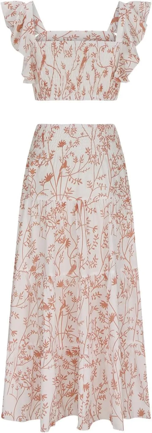 Women's Summer Casual 2 Piece Skirt Set Floral Flowy Sleeveless Cropped Tank Tops and Tiered Ruffle Maxi Skirt Set