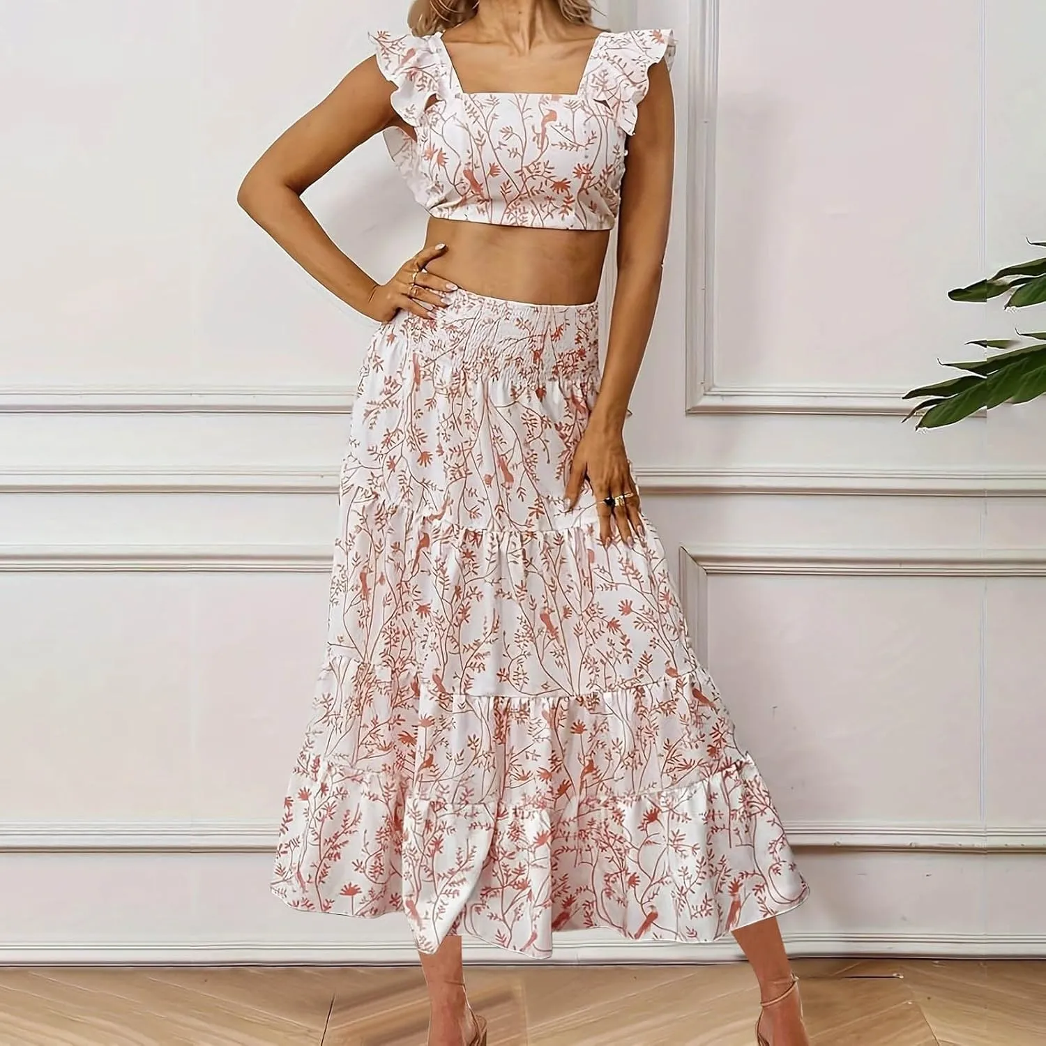 Women's Summer Casual 2 Piece Skirt Set Floral Flowy Sleeveless Cropped Tank Tops and Tiered Ruffle Maxi Skirt Set