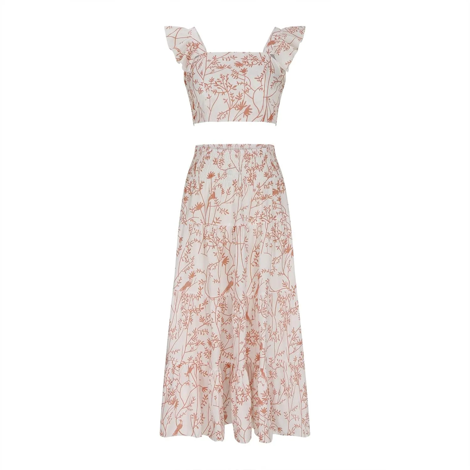 Women's Summer Casual 2 Piece Skirt Set Floral Flowy Sleeveless Cropped Tank Tops and Tiered Ruffle Maxi Skirt Set