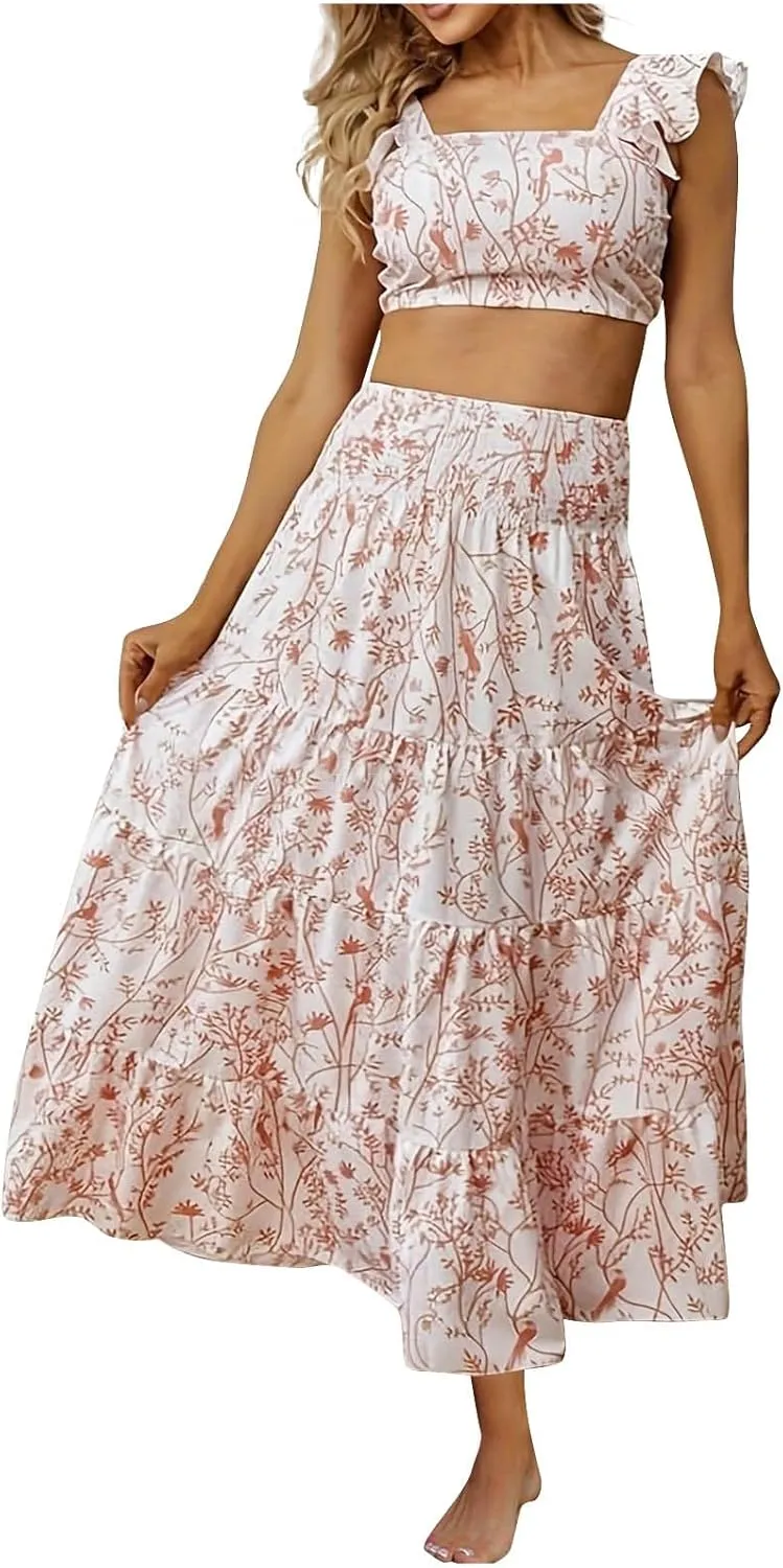 Women's Summer Casual 2 Piece Skirt Set Floral Flowy Sleeveless Cropped Tank Tops and Tiered Ruffle Maxi Skirt Set