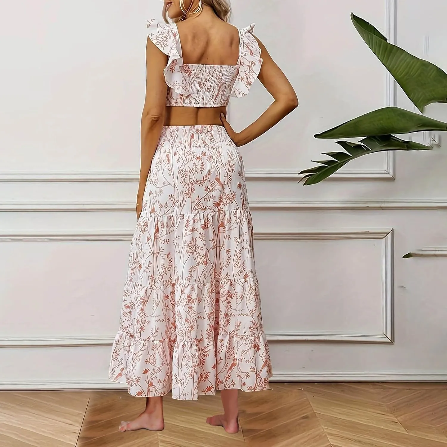 Women's Summer Casual 2 Piece Skirt Set Floral Flowy Sleeveless Cropped Tank Tops and Tiered Ruffle Maxi Skirt Set