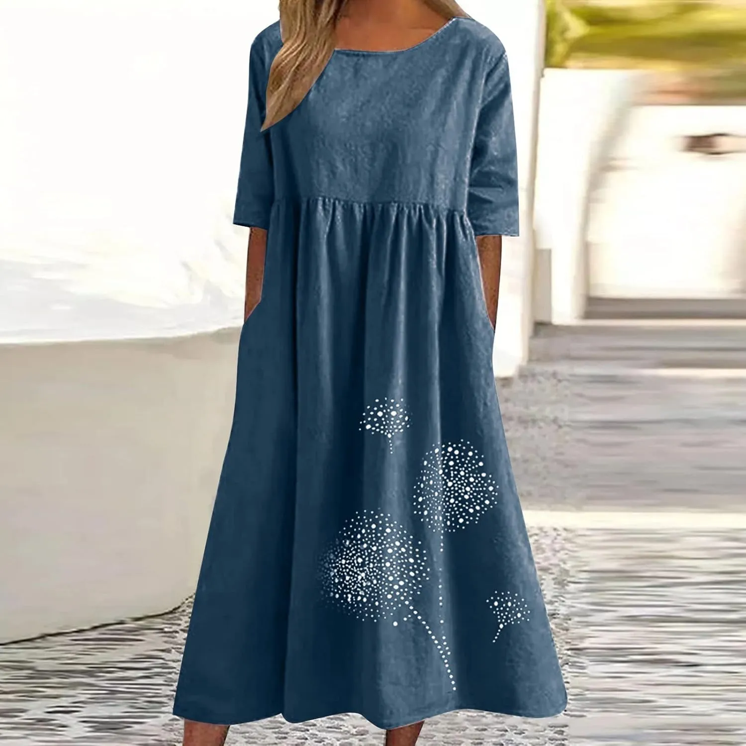 Womens Summer Casual Cotton Linen Boho Dress Short Sleeve Linen Maxi Dresses Loose Plus Size Beach Dress with Pockets