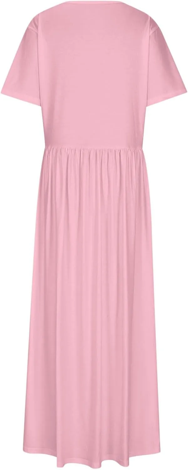 Women's Summer Casual Long Maxi Dress Short Sleeve Crew Neck Loose Dresses Fashion High Waist Beach Vacation Sundress