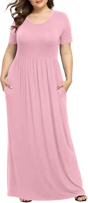 Women's Summer Casual Long Maxi Dress Short Sleeve Crew Neck Loose Dresses Fashion High Waist Beach Vacation Sundress