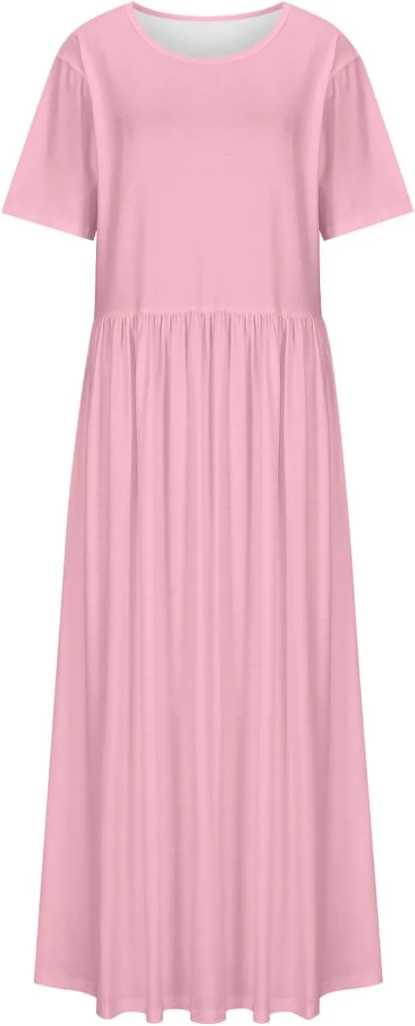 Women's Summer Casual Long Maxi Dress Short Sleeve Crew Neck Loose Dresses Fashion High Waist Beach Vacation Sundress