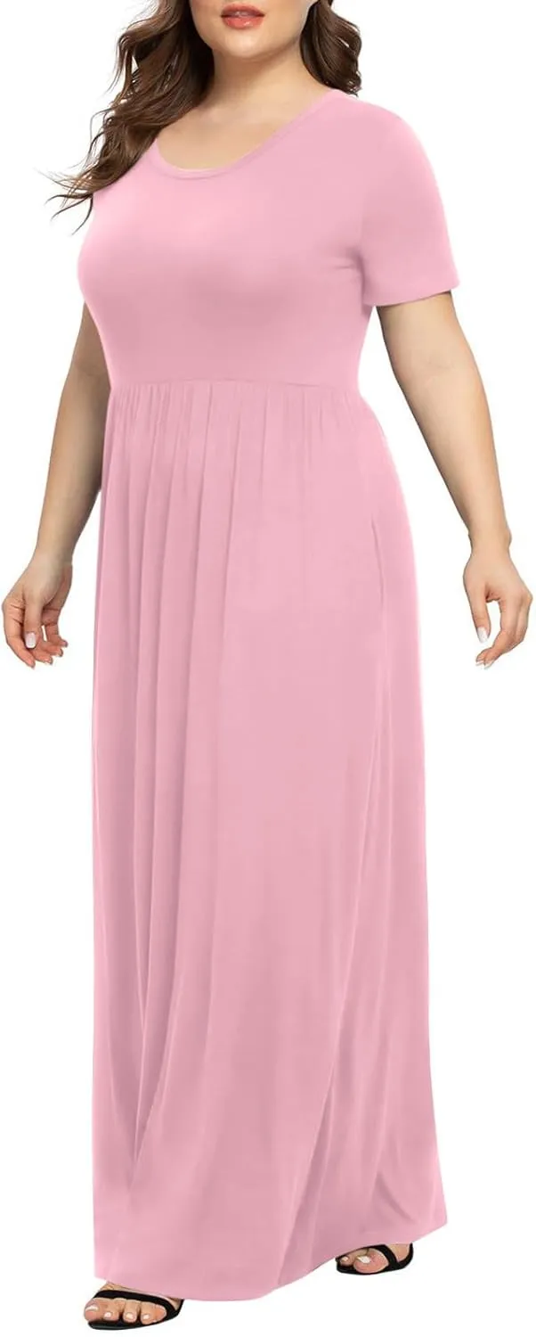 Women's Summer Casual Long Maxi Dress Short Sleeve Crew Neck Loose Dresses Fashion High Waist Beach Vacation Sundress