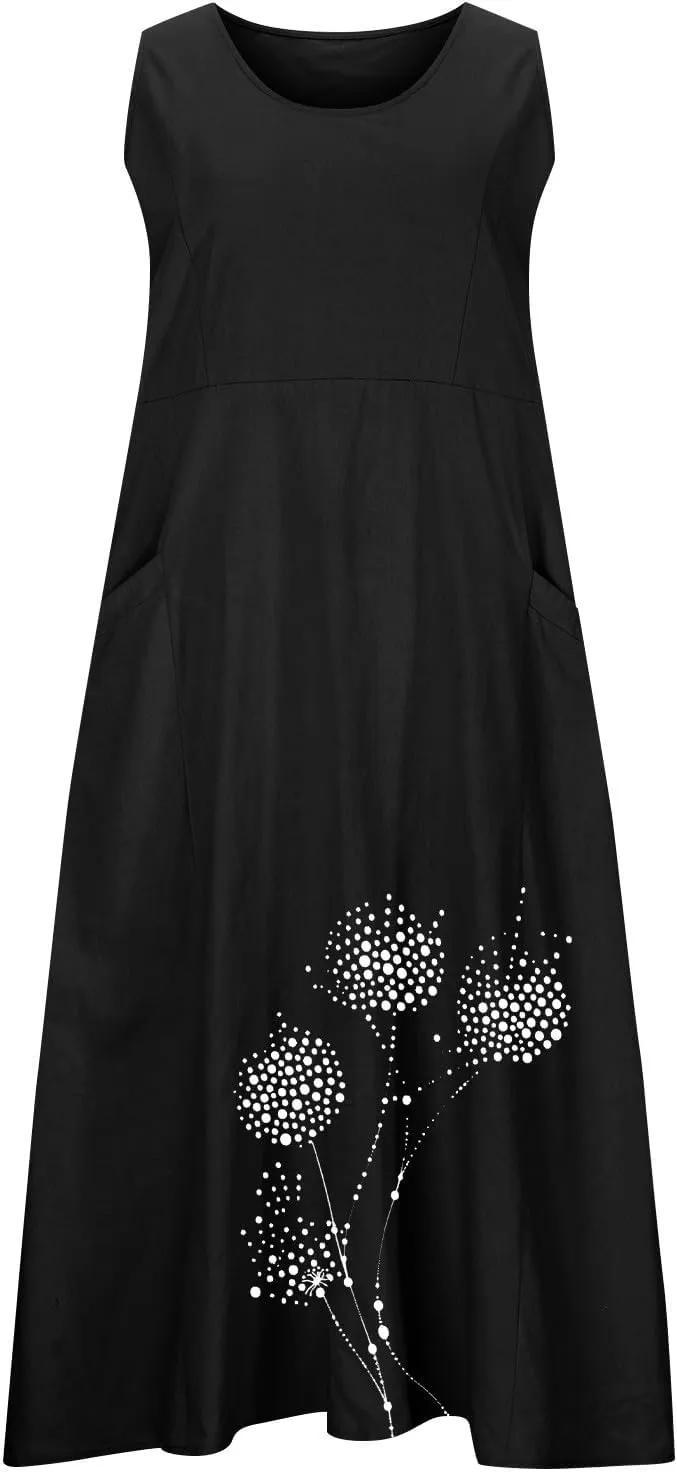 Women's Summer Casual Sleeveless Cotton Sun Dress Maxi Tank Beach 2025 Vacation Travel Floral Print Dress with Pockets